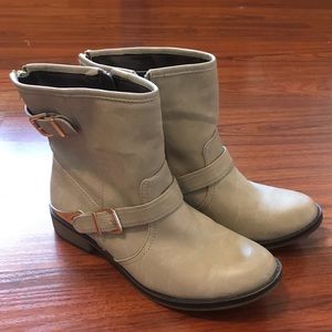 Tan Ankle Booties with Gold Zippers and Trim